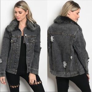 NWT Denim Jacket Small Distressed Grey 100% Cotton Faux Fur Detachable Collar